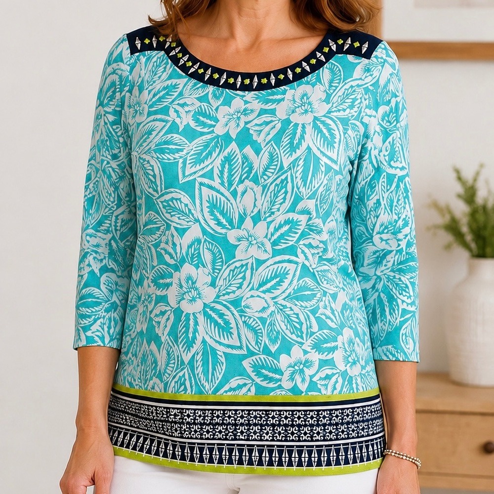 Ruby Rd. Tropical Floral Embellished Neckline‎ 3/4 Sleeve Stretch Top XL Coastal